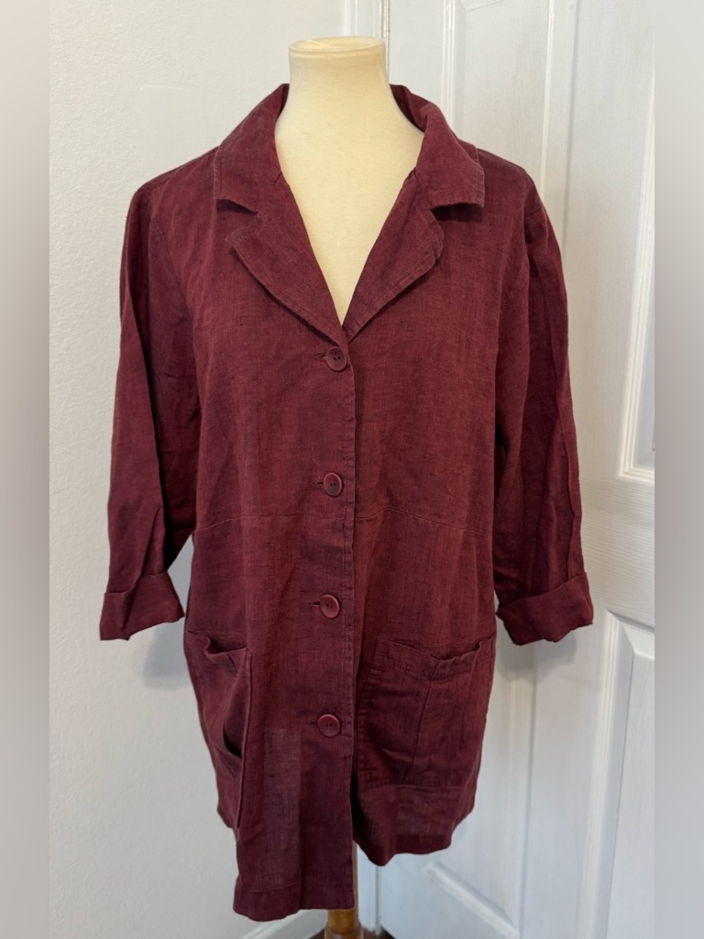 Flax 100% Linen Button Up Shirt Shacket Lagenlook Relaxed 3/4 Sleeves Medium